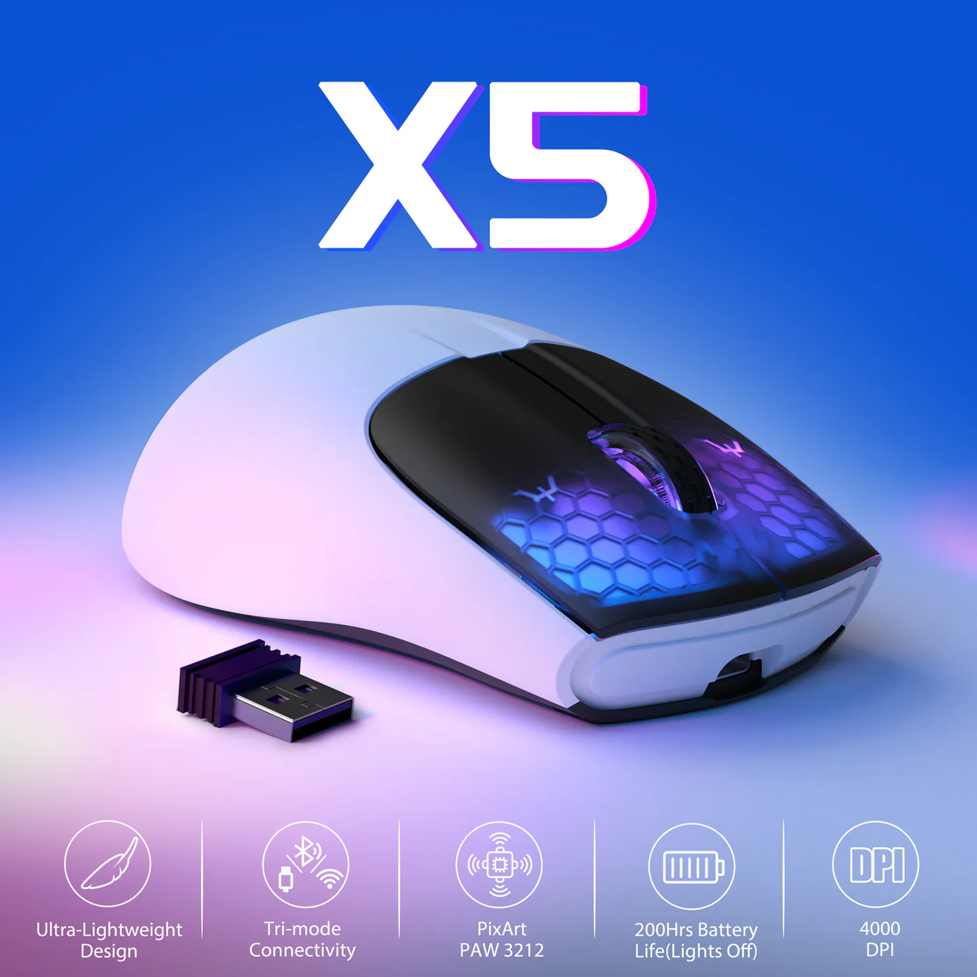 ATTACK SHARK X5 Wireless Gaming Mouse 49g Ultralight (White+Black) image 1