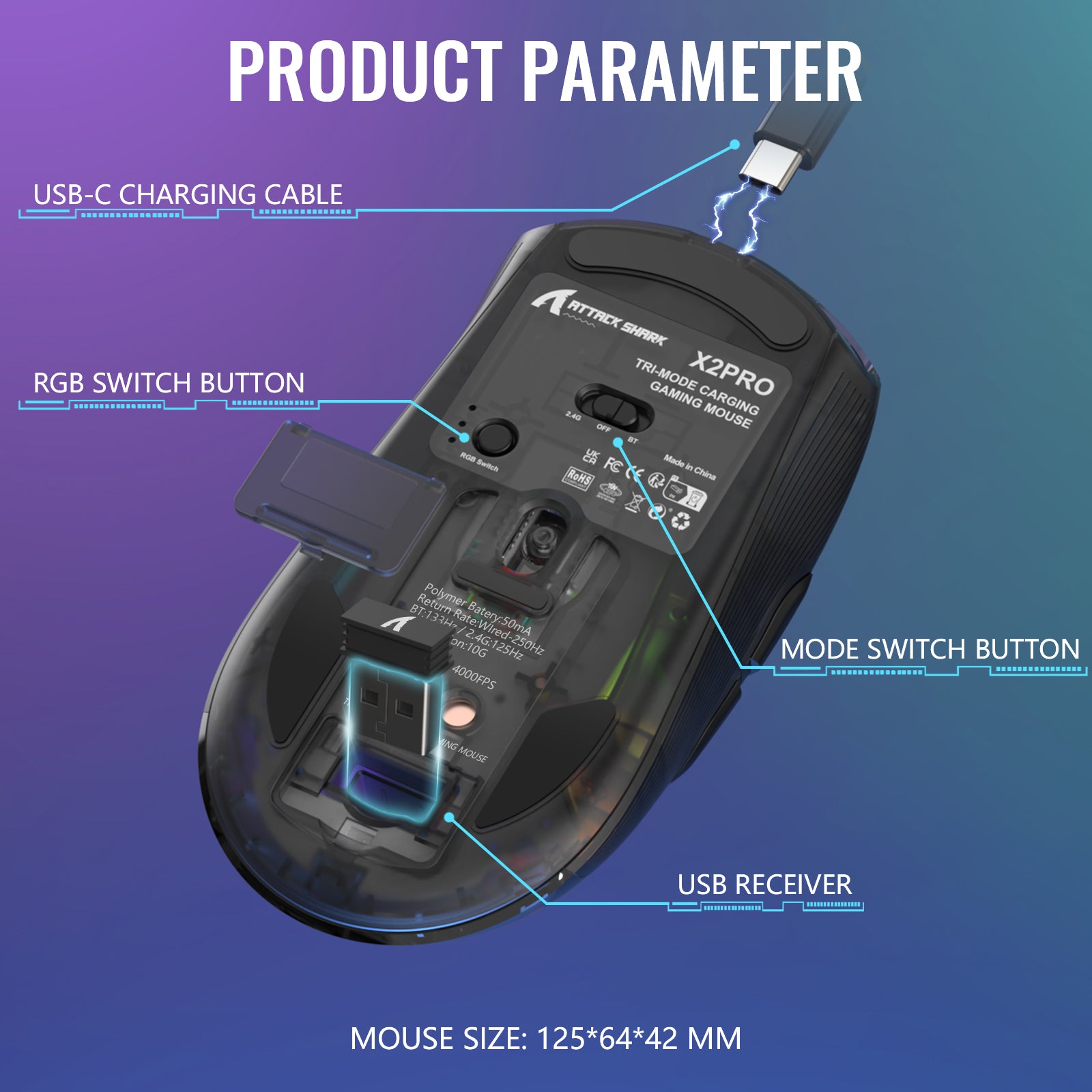 ATTACK SHARK X2PRO Wireless Gaming Mouse (Black) image 2